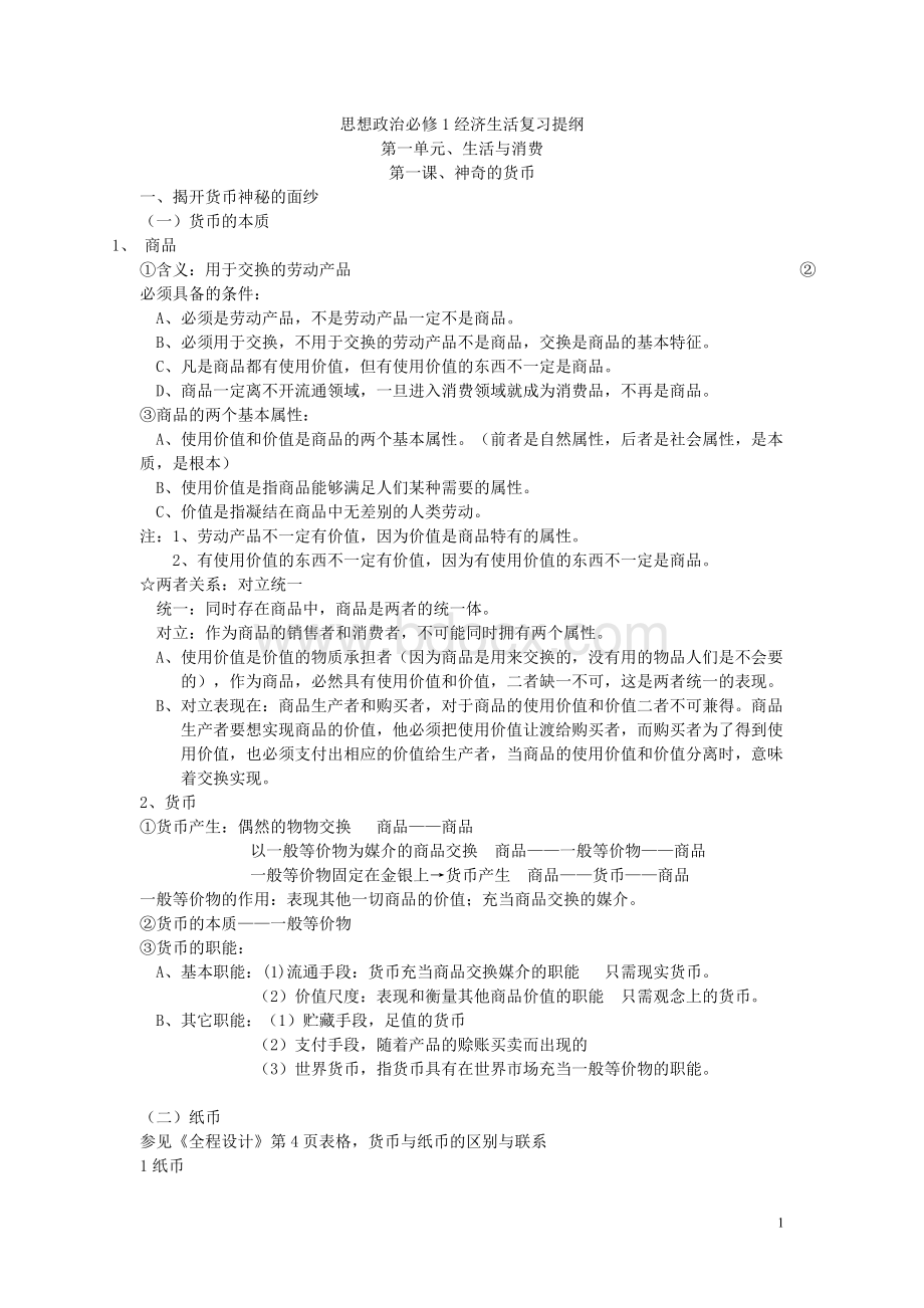 高一政治必修一知识点总结经典版Word下载.doc