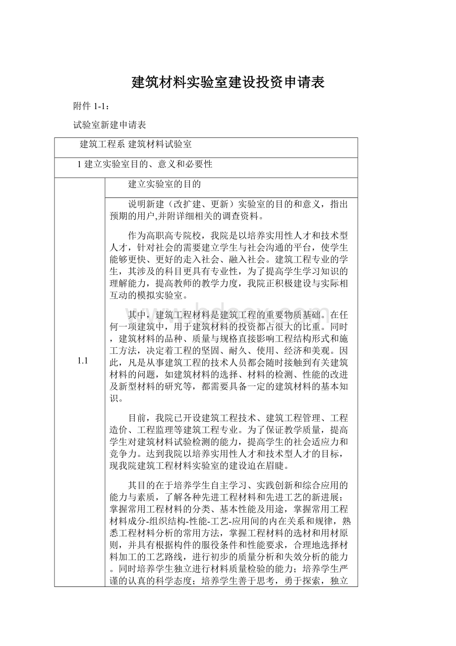 建筑材料实验室建设投资申请表.docx_第1页