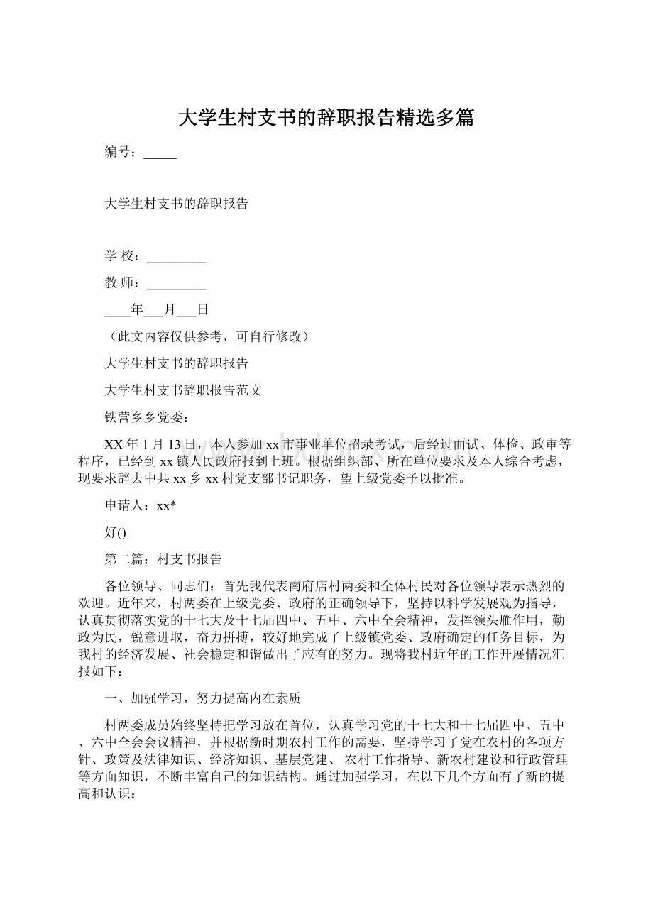 大学生村支书的辞职报告精选多篇Word下载.docx