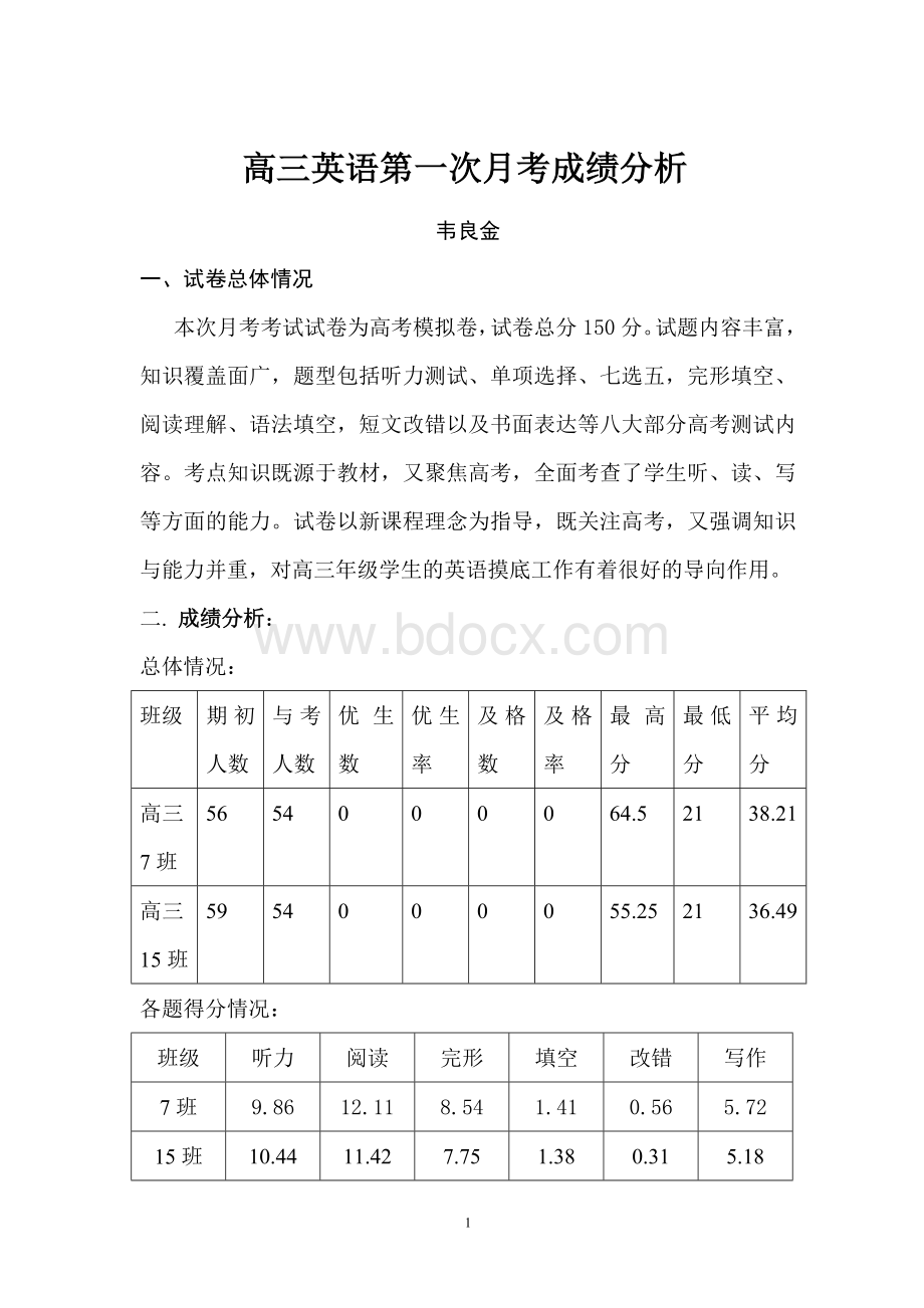 高三第一次月考考试试卷分析-英语文档格式.doc_第1页