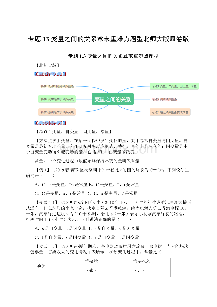 专题13变量之间的关系章末重难点题型北师大版原卷版.docx_第1页