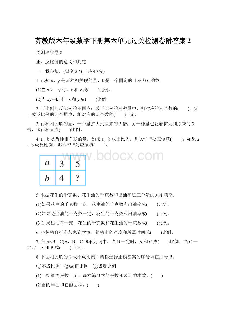 苏教版六年级数学下册第六单元过关检测卷附答案 2.docx_第1页