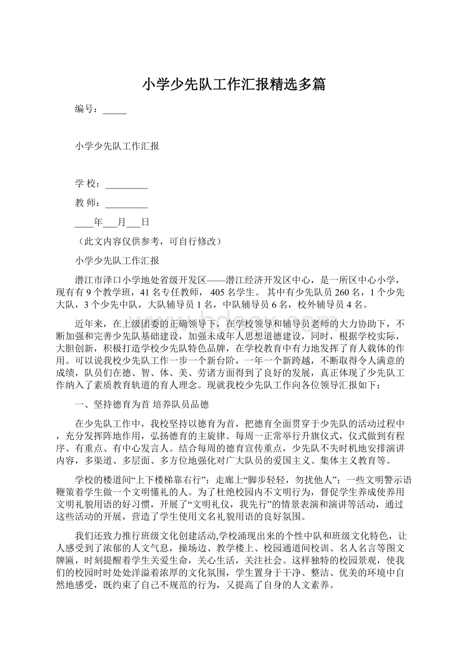 小学少先队工作汇报精选多篇文档格式.docx