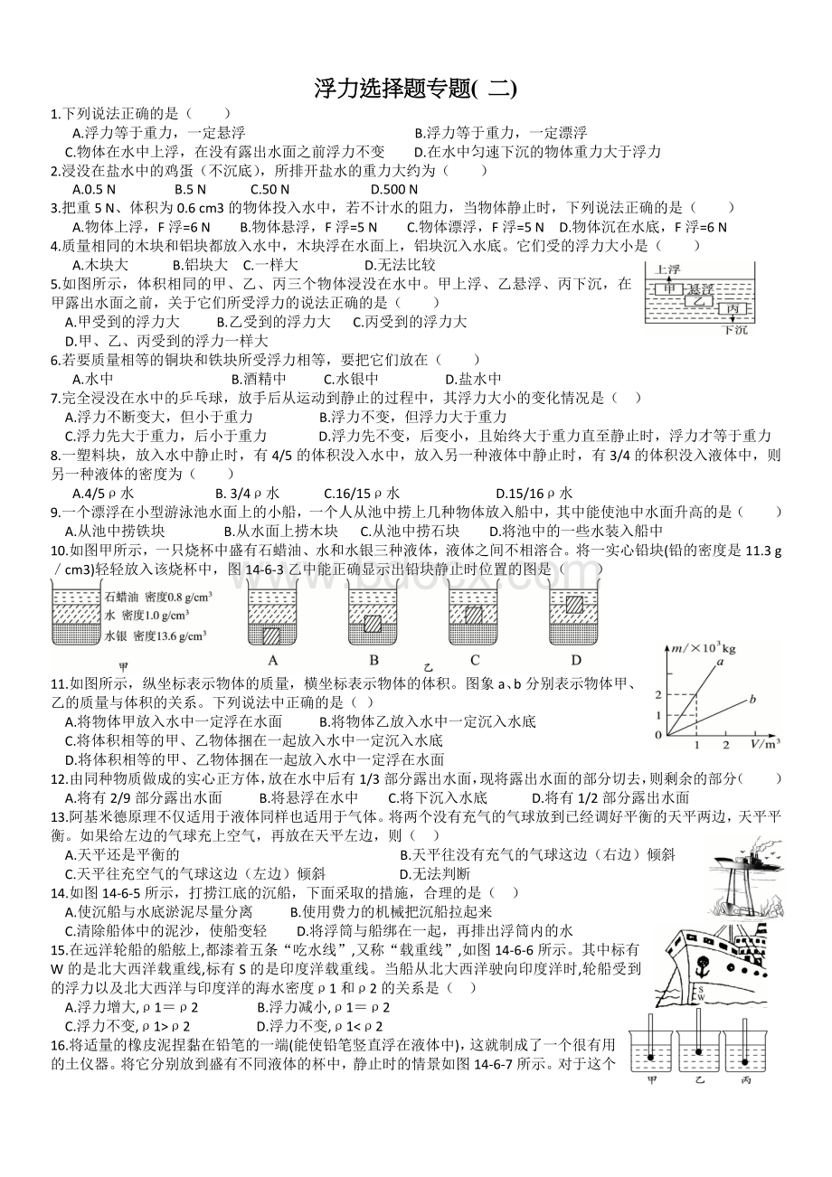 浮力选择题专题Word文件下载.docx_第1页