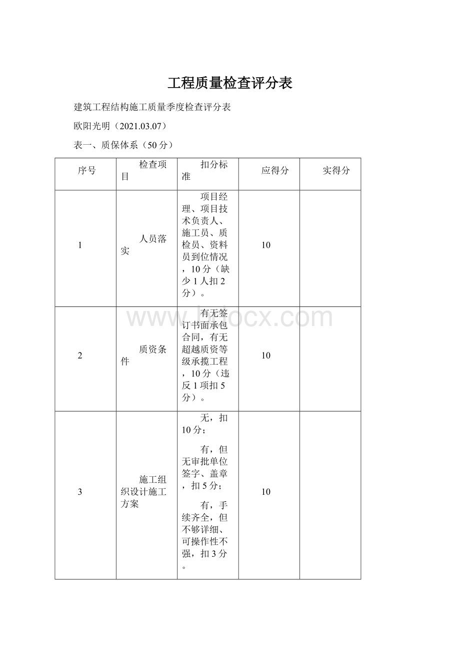 工程质量检查评分表文档格式.docx