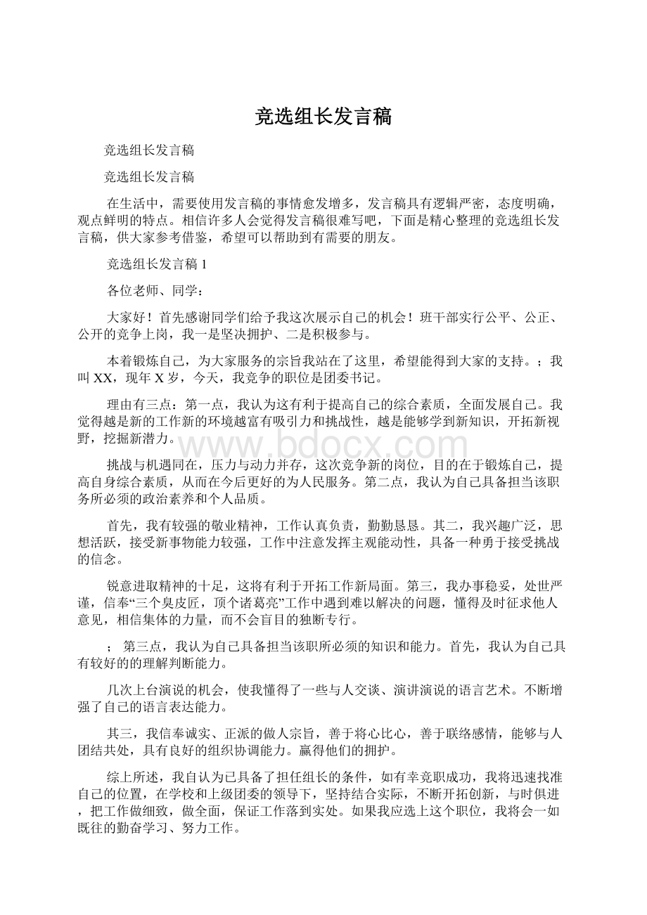 竞选组长发言稿Word文档下载推荐.docx