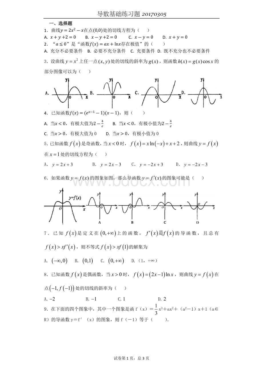 高中数学导数基础练习题.docx