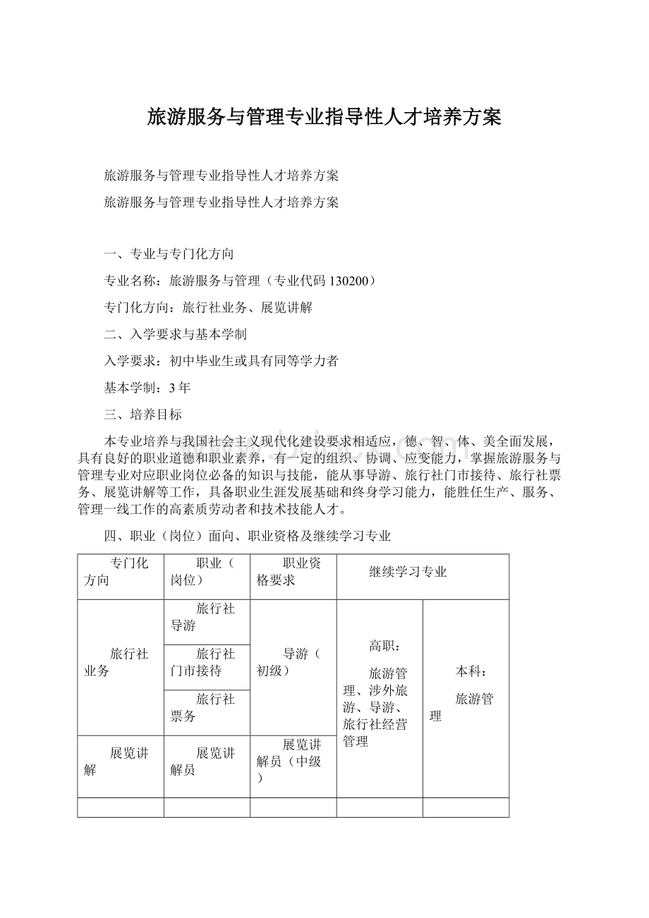 旅游服务与管理专业指导性人才培养方案Word下载.docx