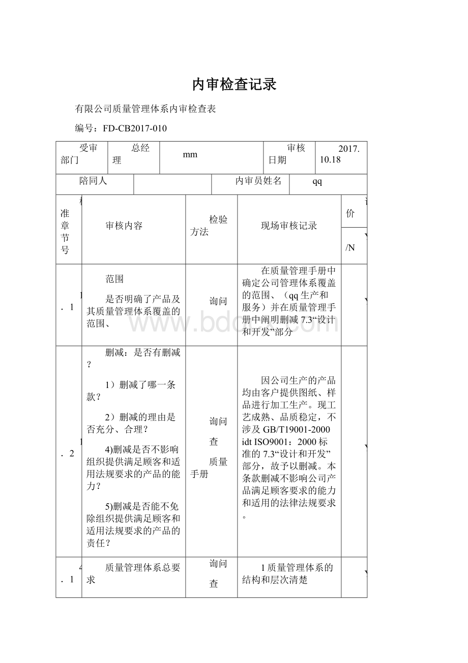 内审检查记录文档格式.docx