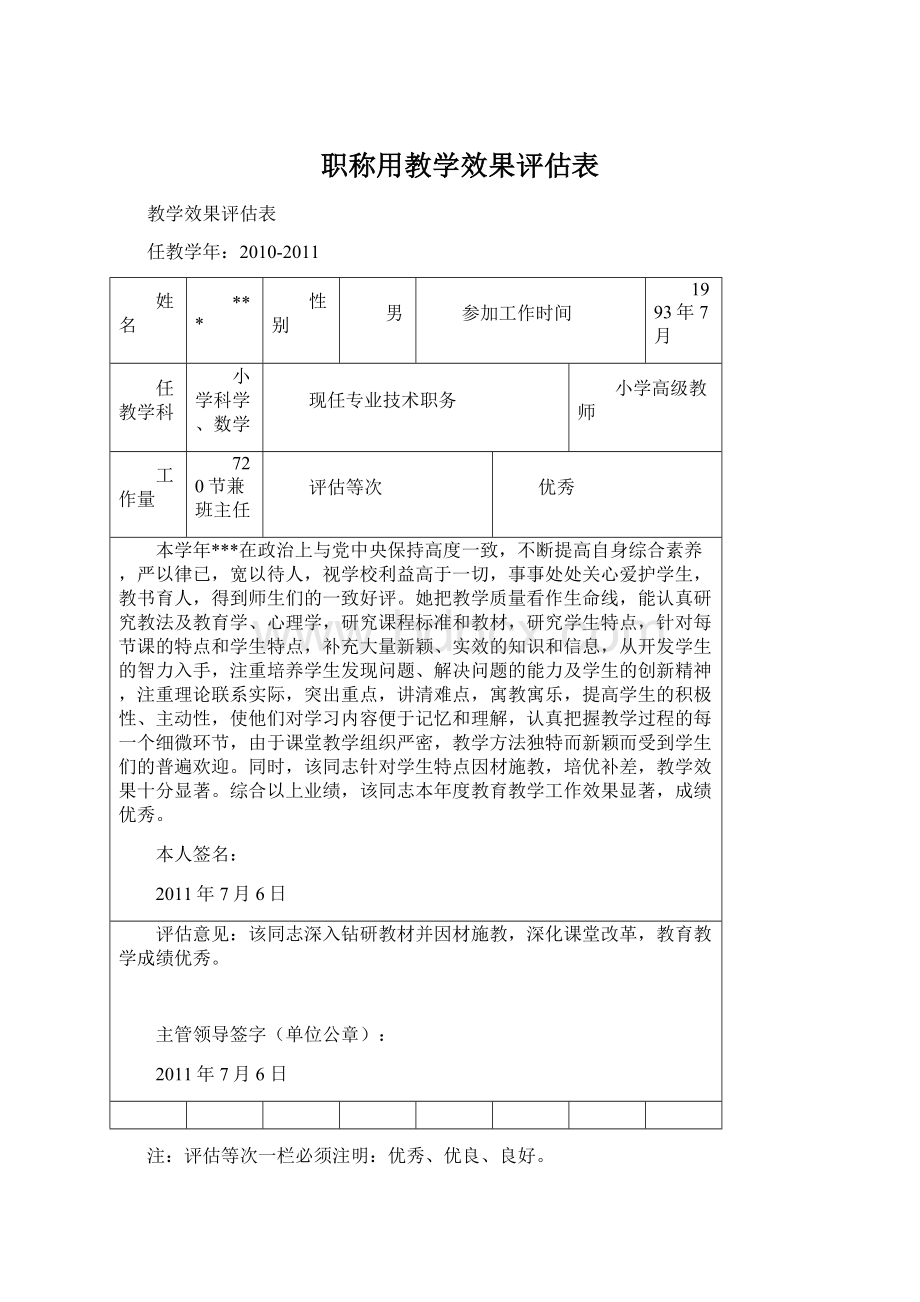 职称用教学效果评估表Word下载.docx