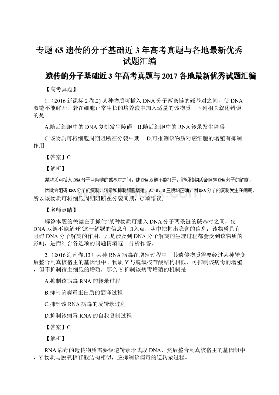 专题65 遗传的分子基础近3年高考真题与各地最新优秀试题汇编Word下载.docx