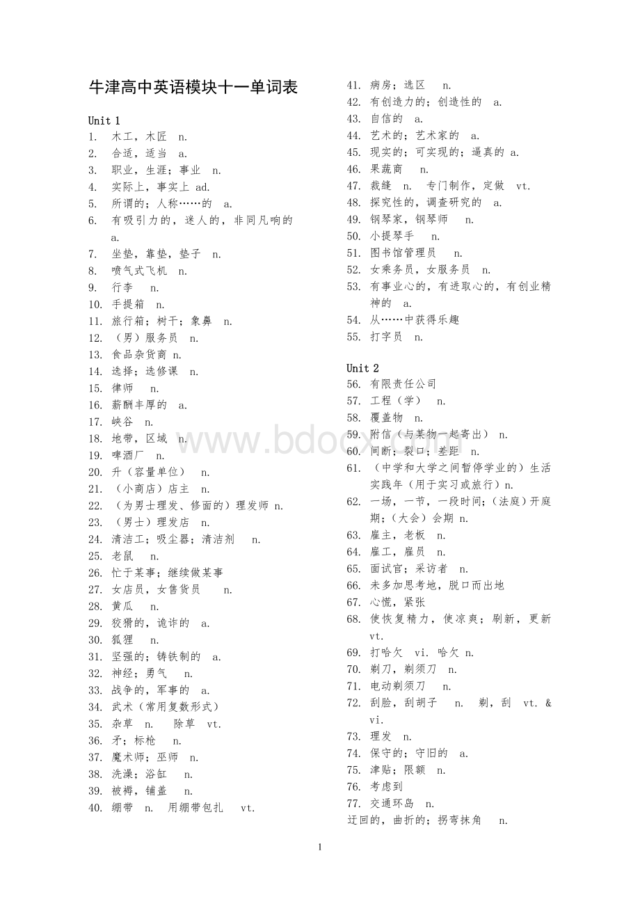 最新牛津高中英语模块十一单词默写表.doc