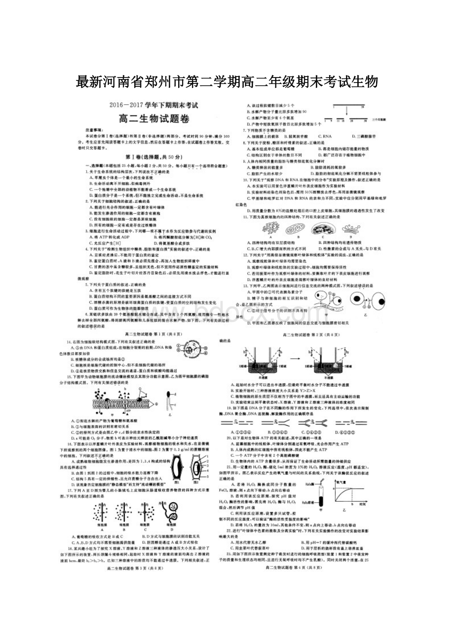 最新河南省郑州市第二学期高二年级期末考试生物Word格式文档下载.docx_第1页