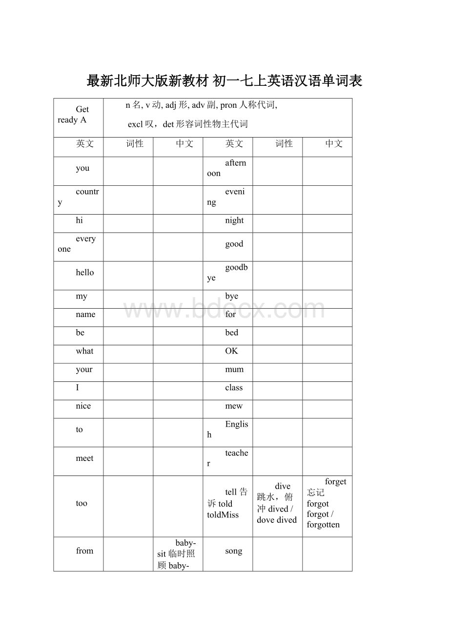 最新北师大版新教材 初一七上英语汉语单词表Word格式.docx