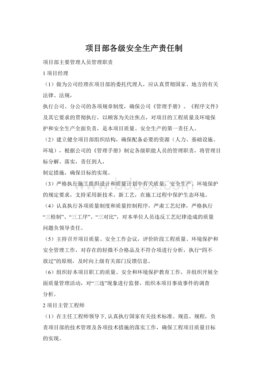 项目部各级安全生产责任制Word文档格式.docx