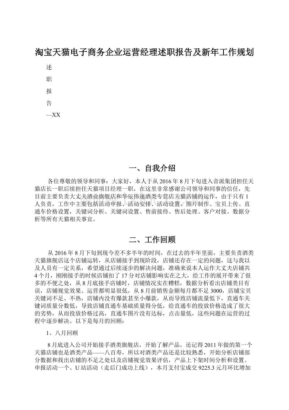 淘宝天猫电子商务企业运营经理述职报告及新年工作规划Word下载.docx_第1页