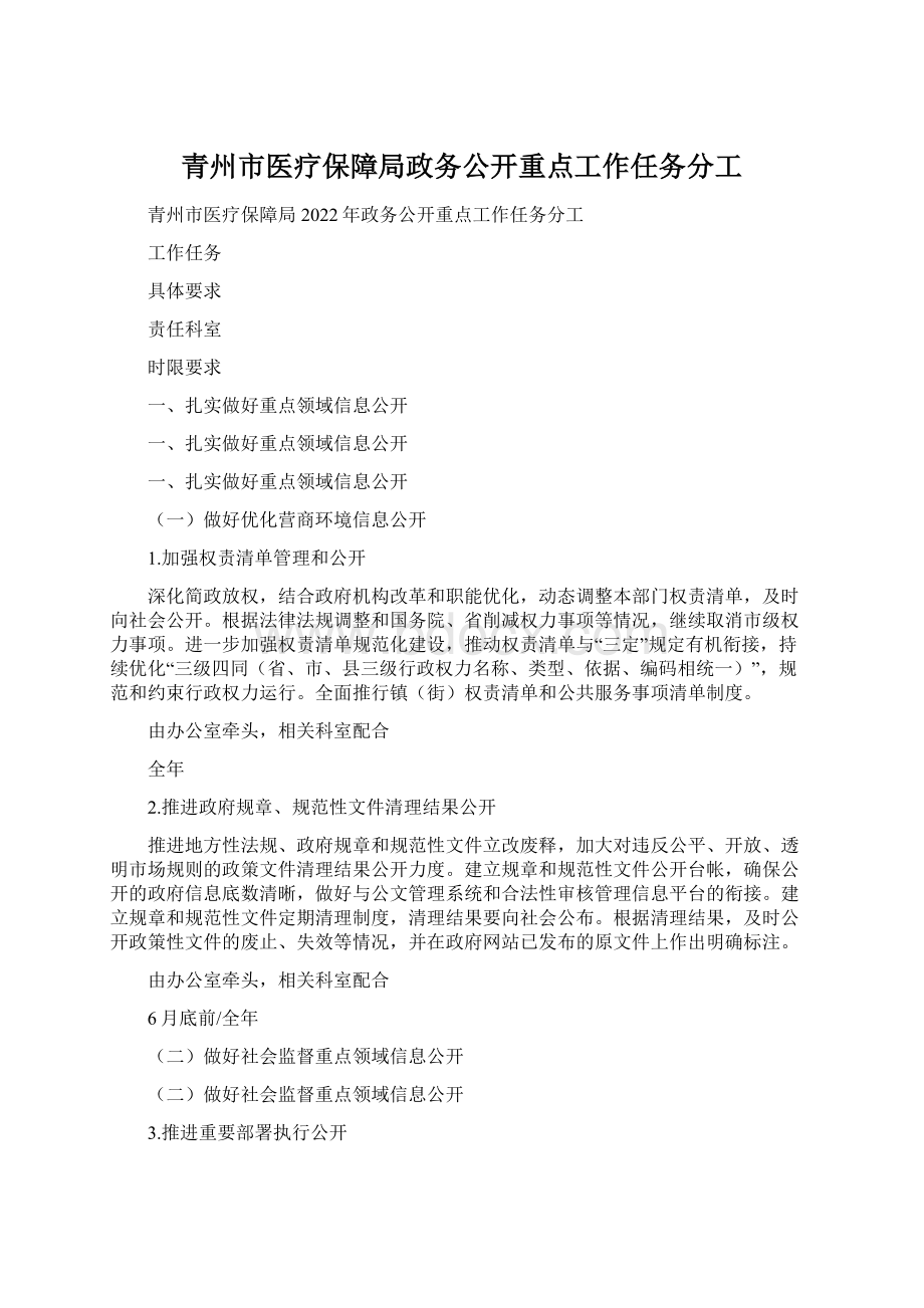 青州市医疗保障局政务公开重点工作任务分工Word文档格式.docx