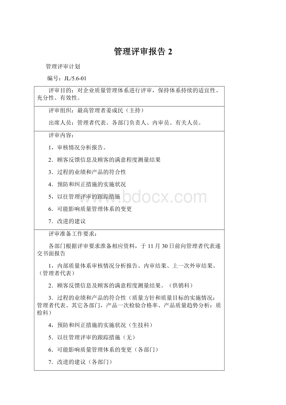 管理评审报告 2Word文档下载推荐.docx_第1页