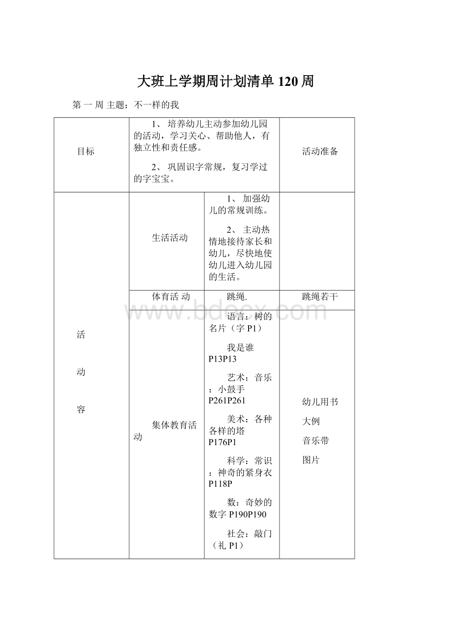 大班上学期周计划清单120周.docx