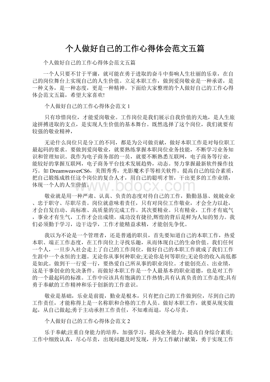 个人做好自己的工作心得体会范文五篇Word格式文档下载.docx