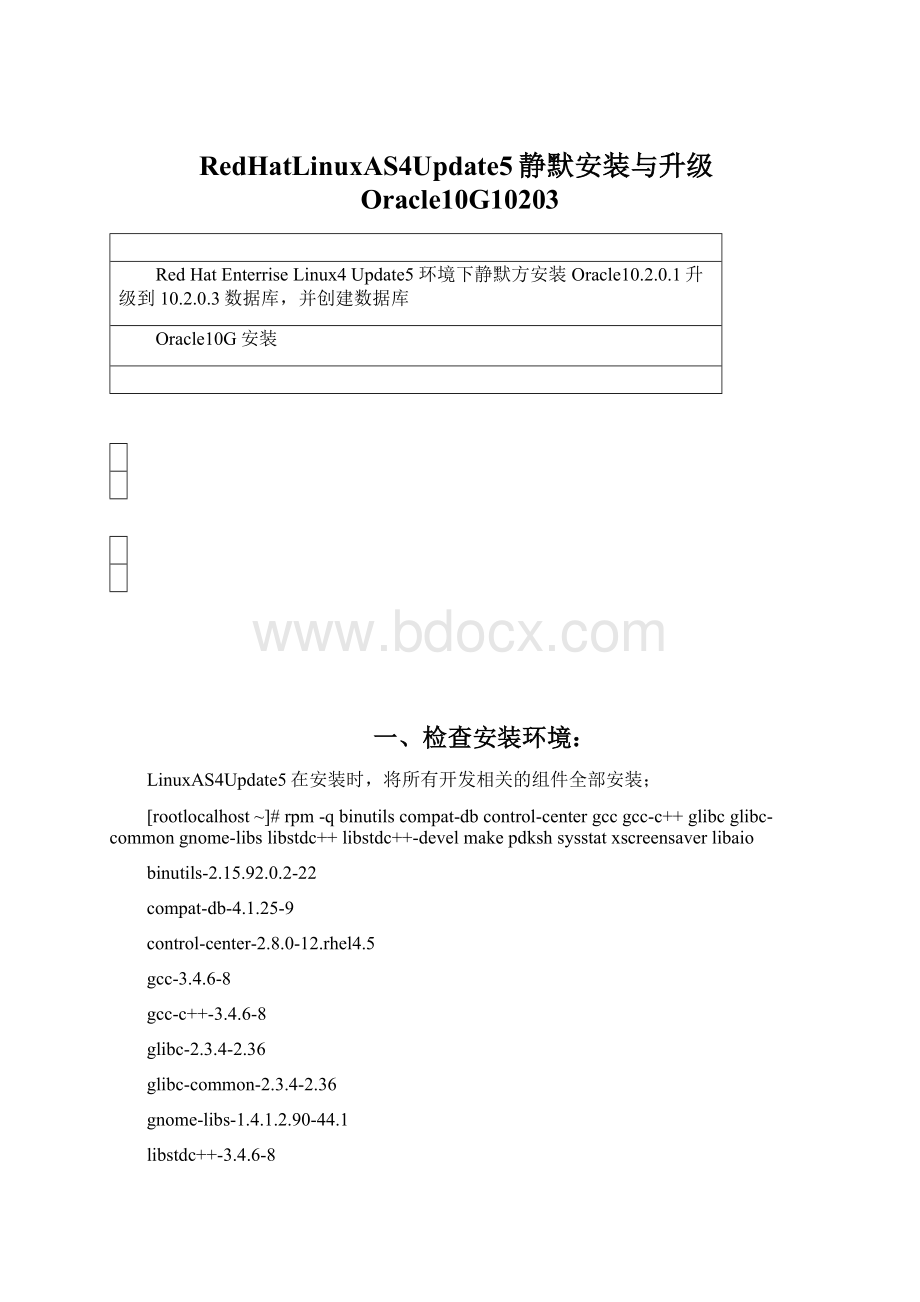 RedHatLinuxAS4Update5静默安装与升级Oracle10G10203文档格式.docx_第1页