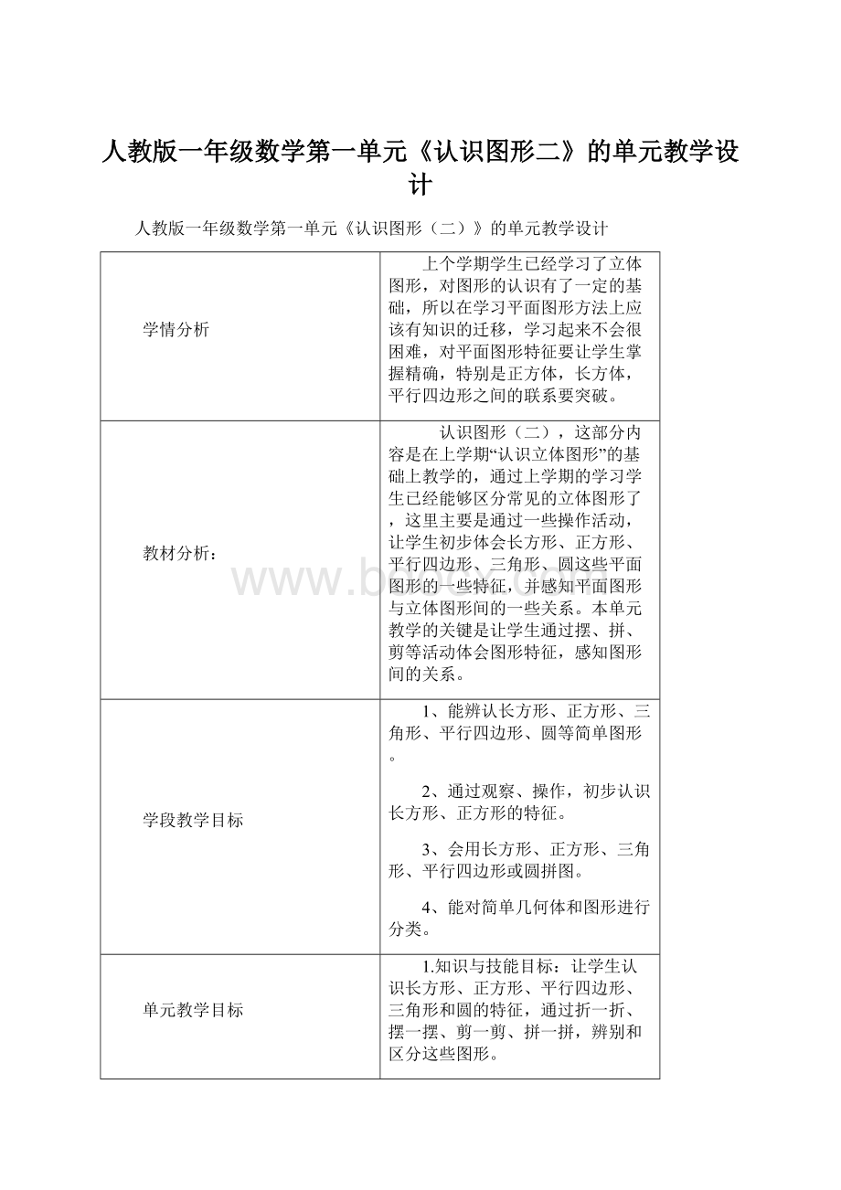 人教版一年级数学第一单元《认识图形二》的单元教学设计Word文档格式.docx