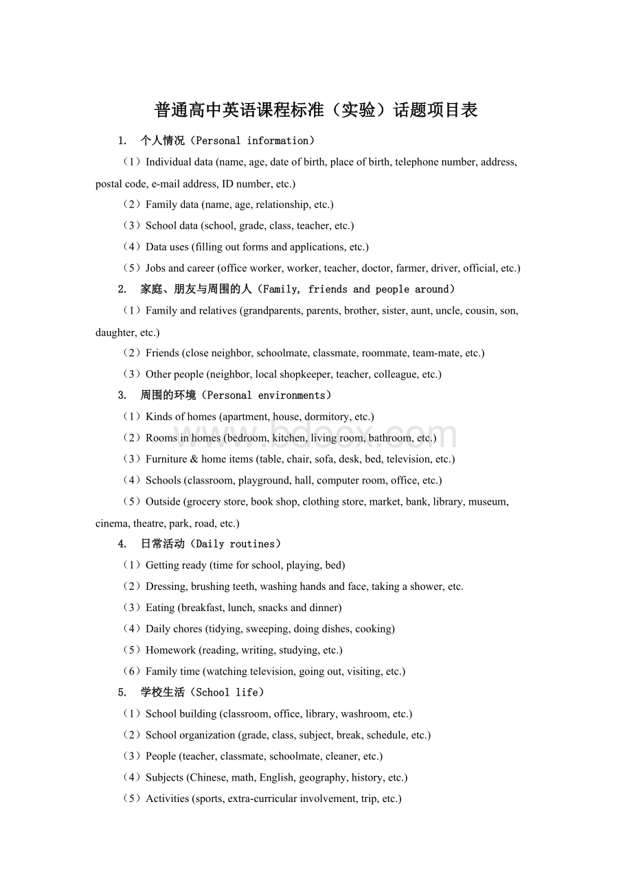 普通高中英语课程标准(实验)话题项目表.doc_第1页