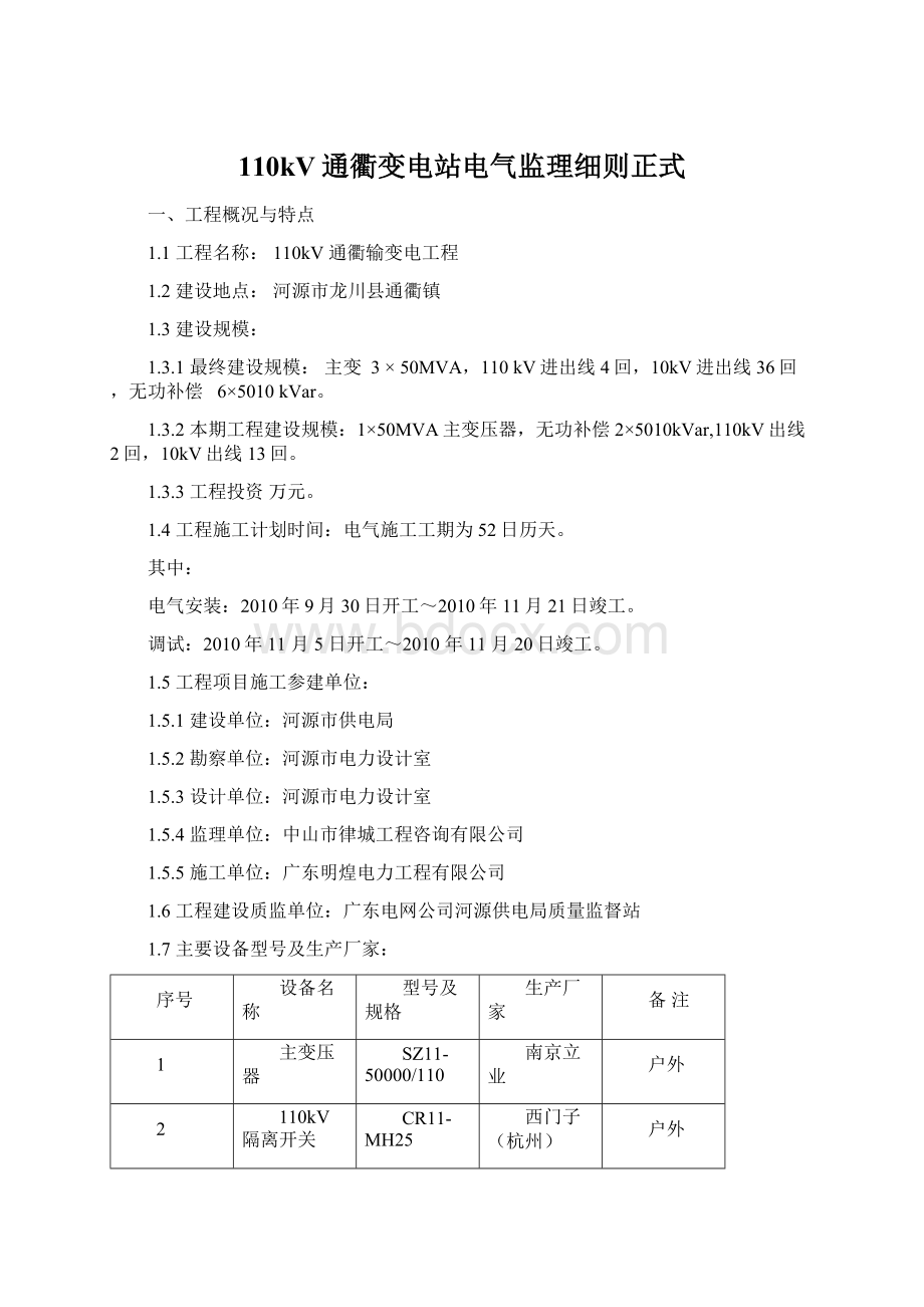 110kV通衢变电站电气监理细则正式.docx