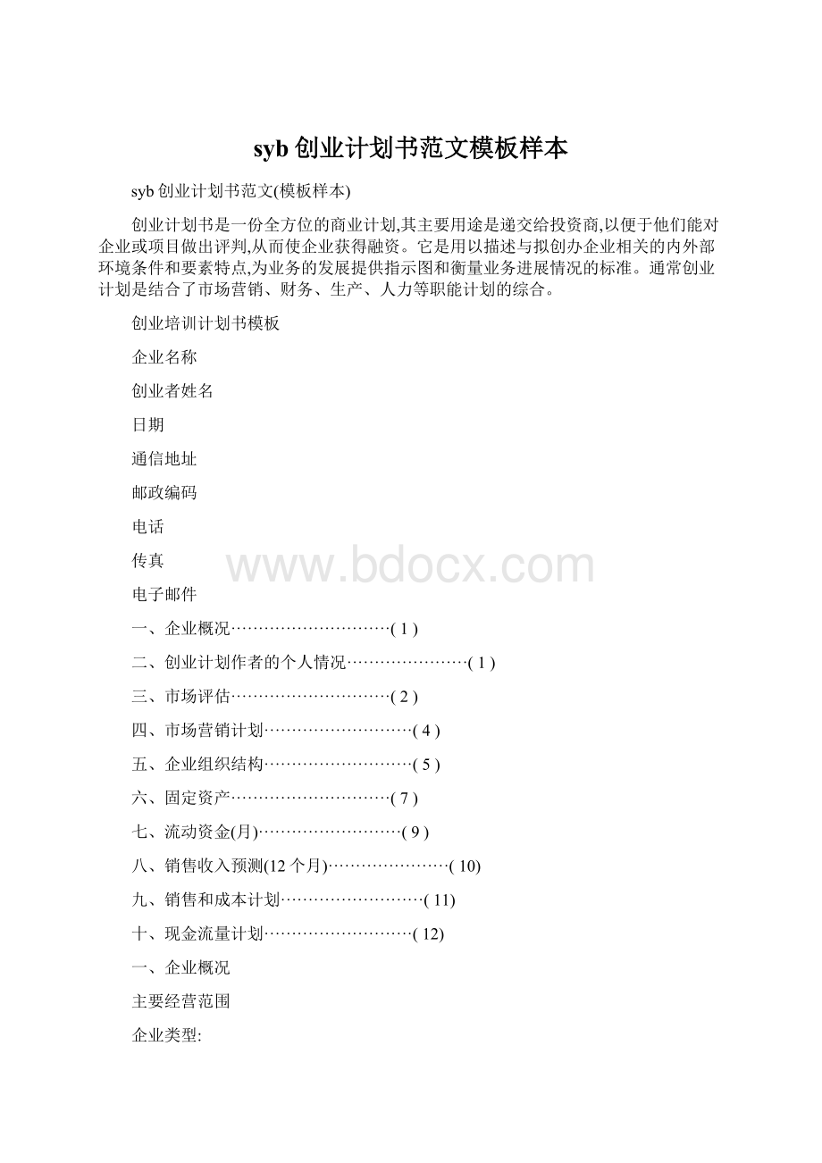 syb创业计划书范文模板样本Word文档格式.docx