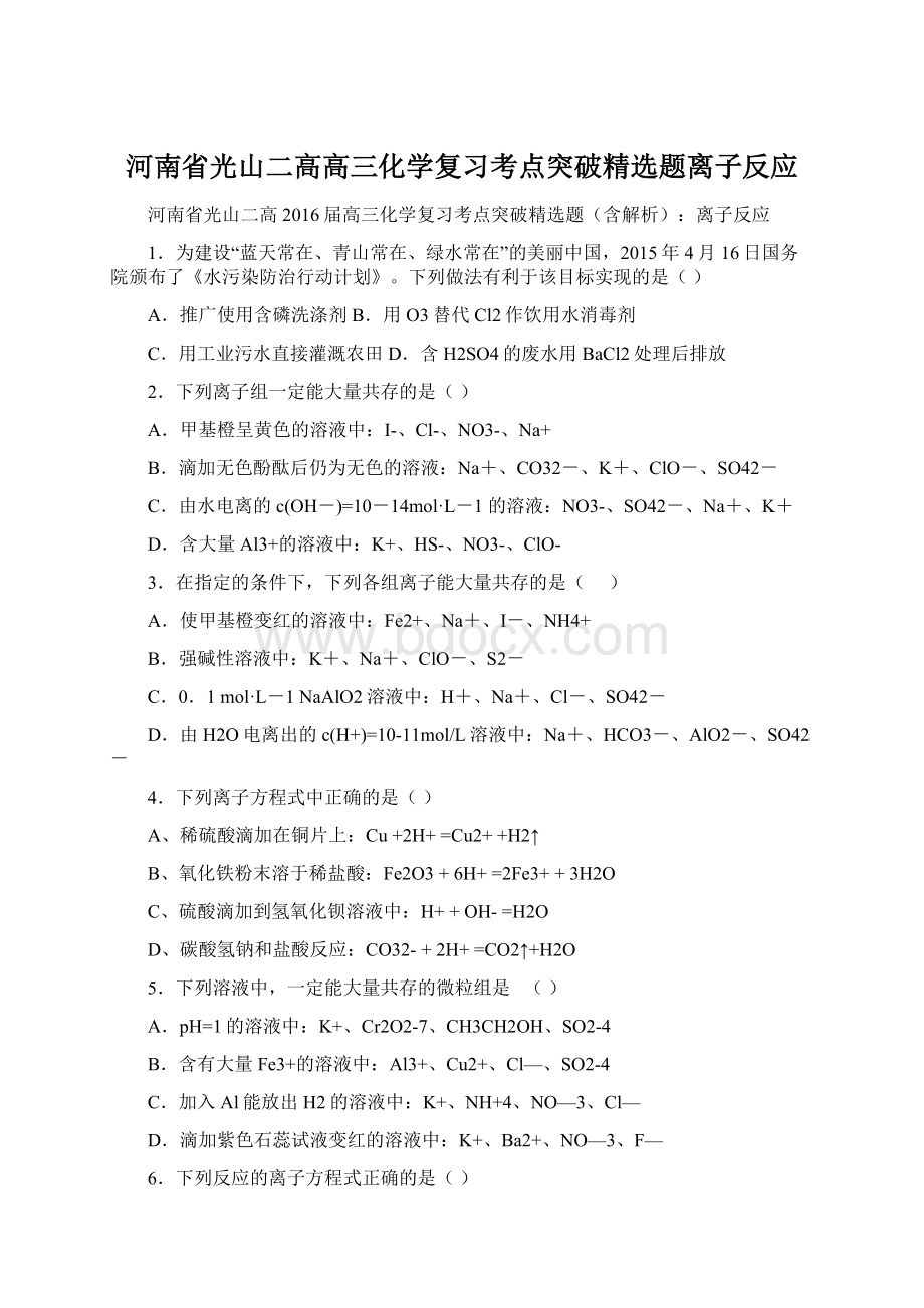 河南省光山二高高三化学复习考点突破精选题离子反应Word格式文档下载.docx