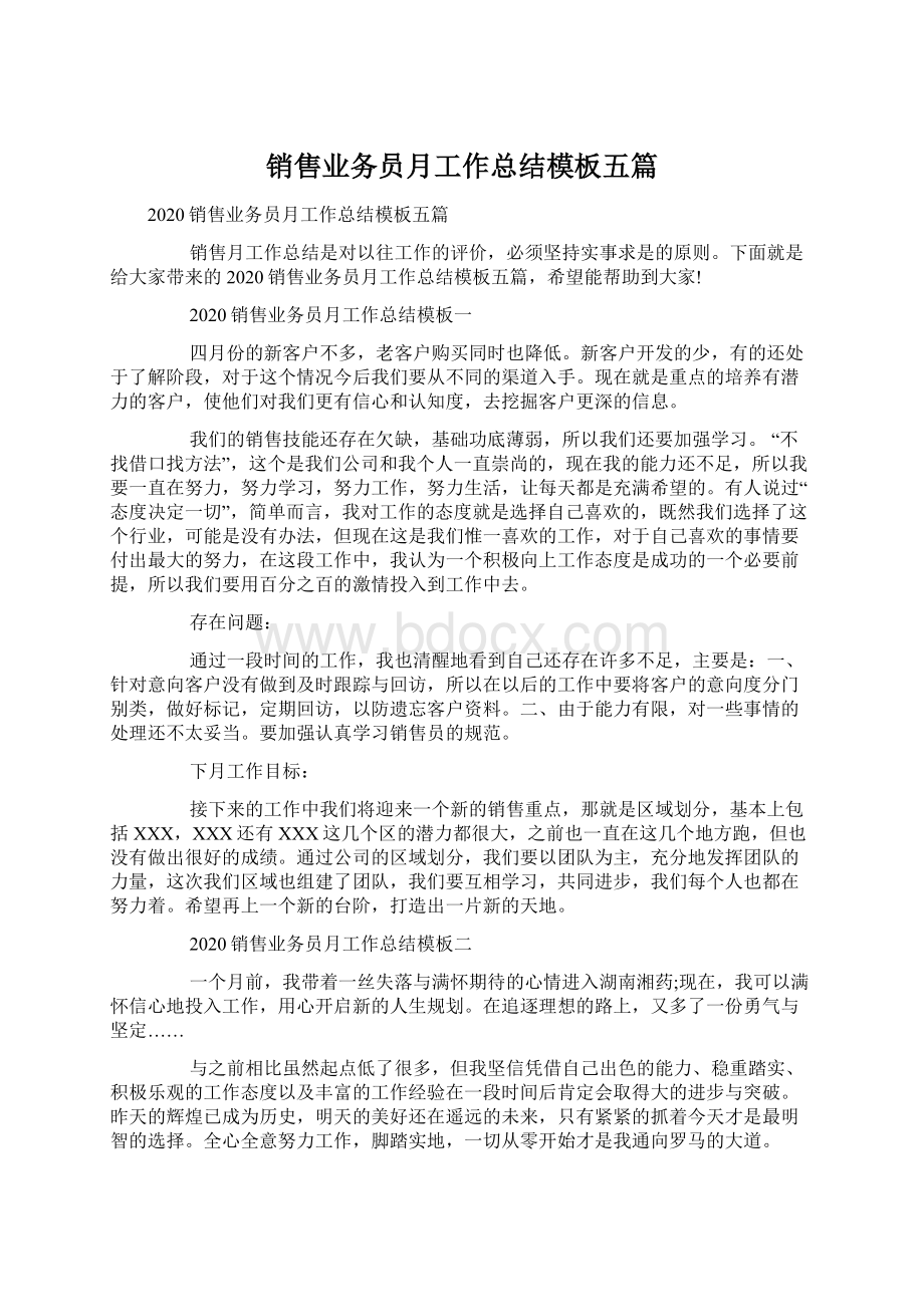 销售业务员月工作总结模板五篇.docx_第1页