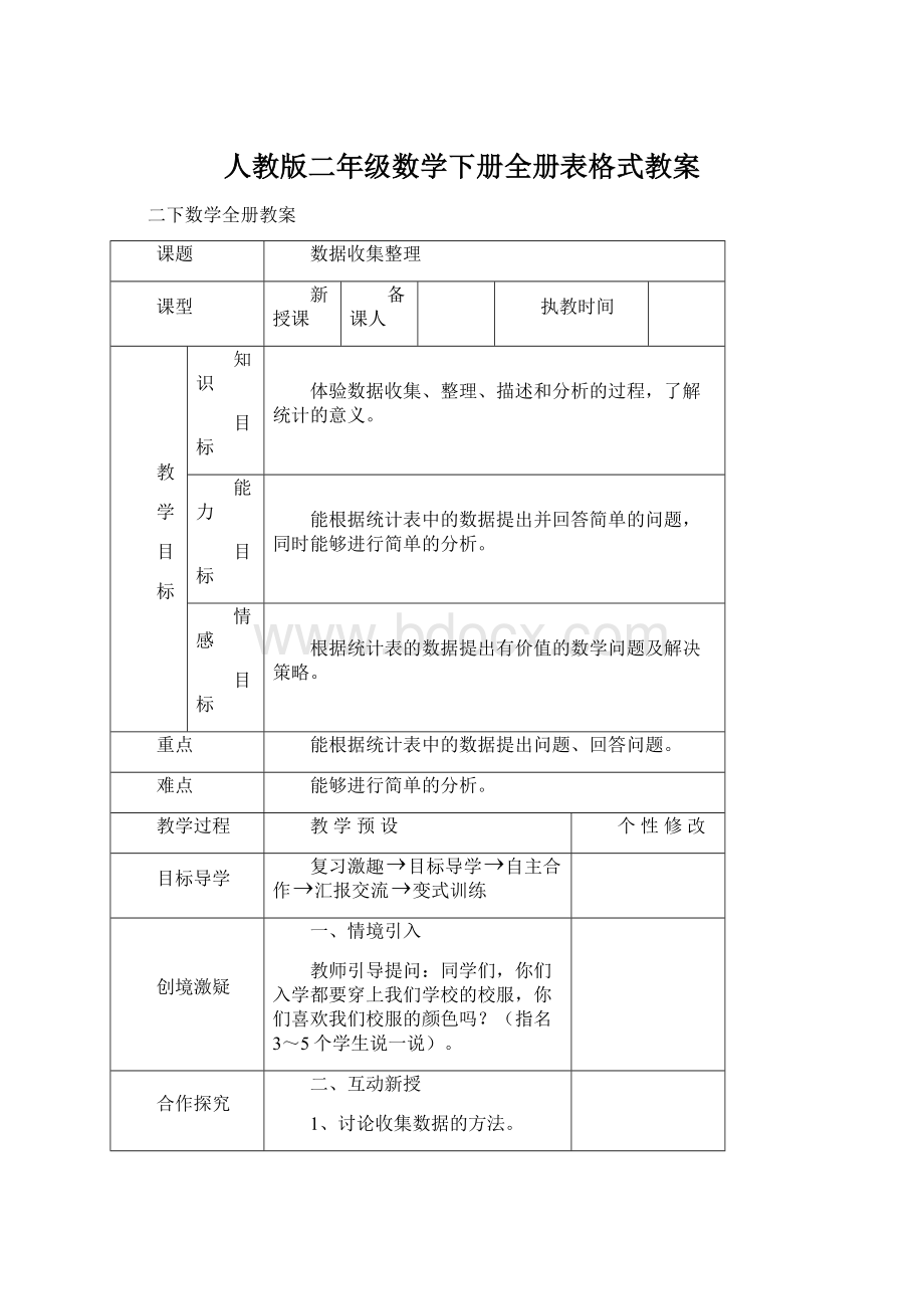 人教版二年级数学下册全册表格式教案.docx_第1页