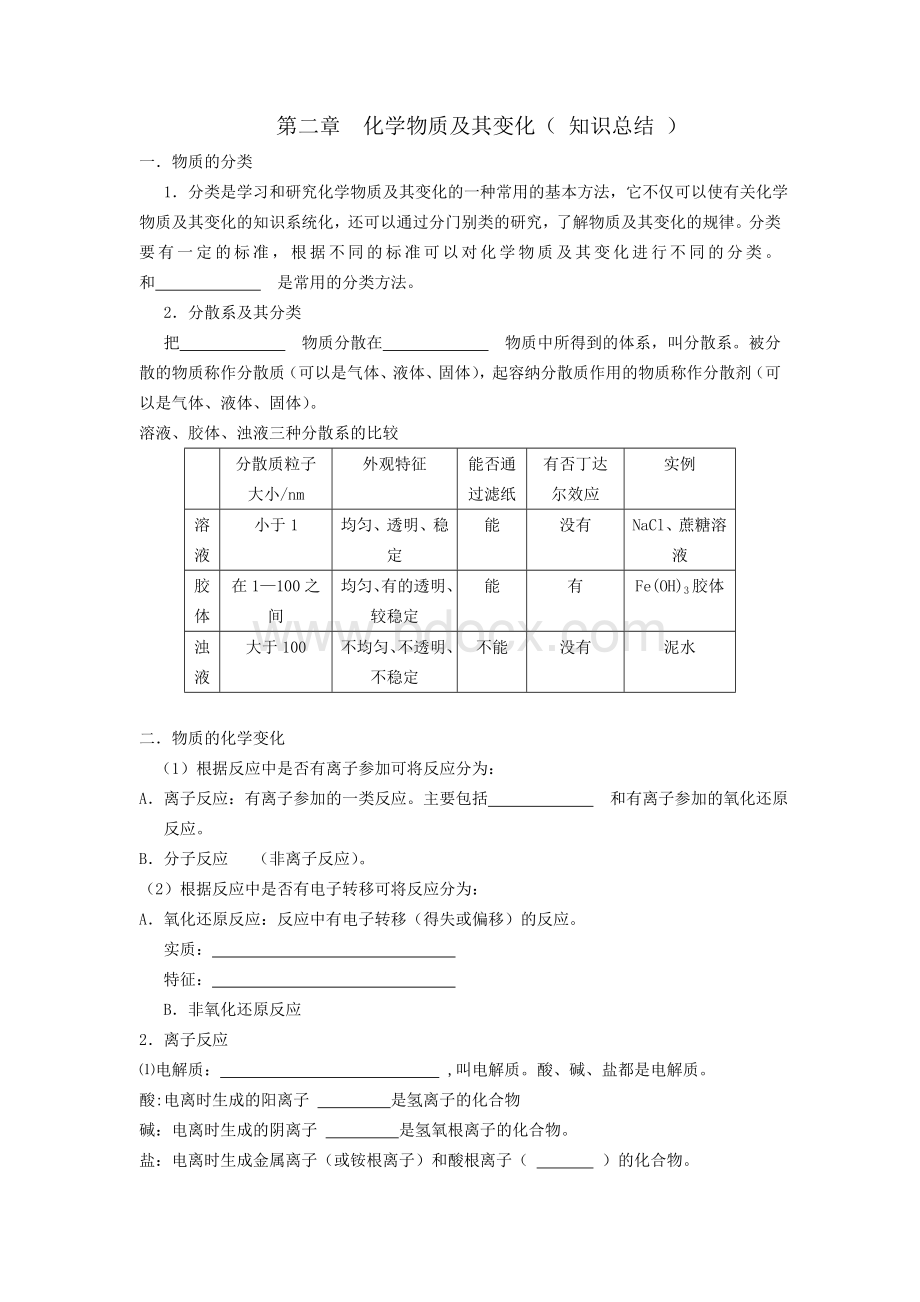 高中化学新课程人教版必修一第二章复习学案.doc