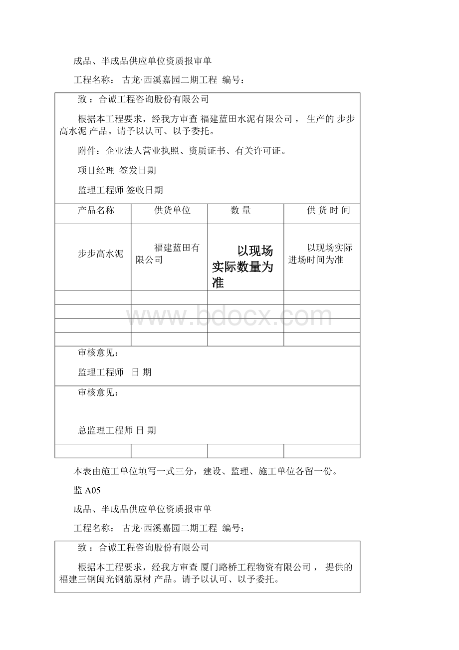 监A05 成品半成品供应单位资质报审表Word文件下载.docx_第2页