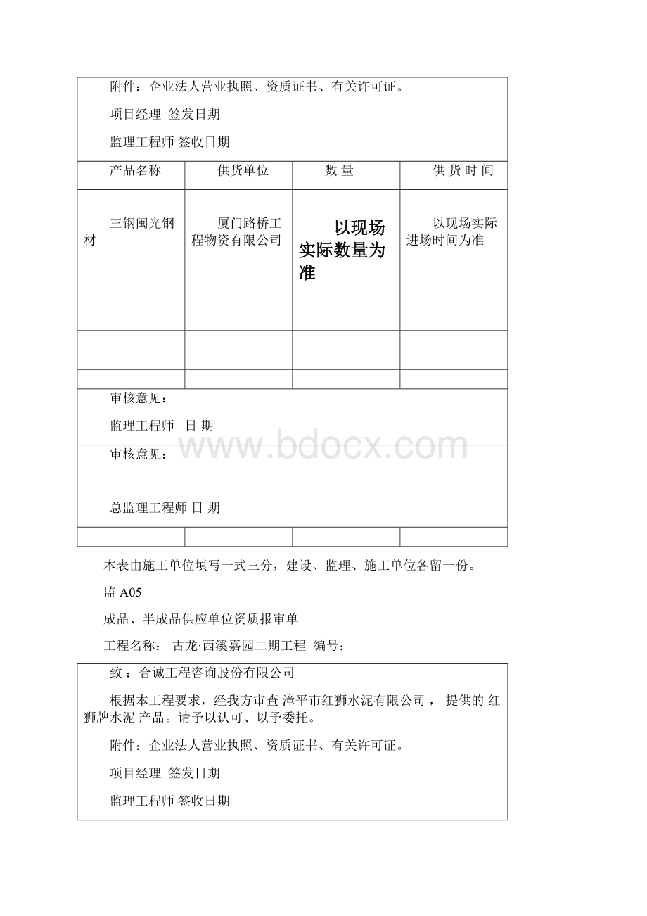 监A05 成品半成品供应单位资质报审表Word文件下载.docx_第3页