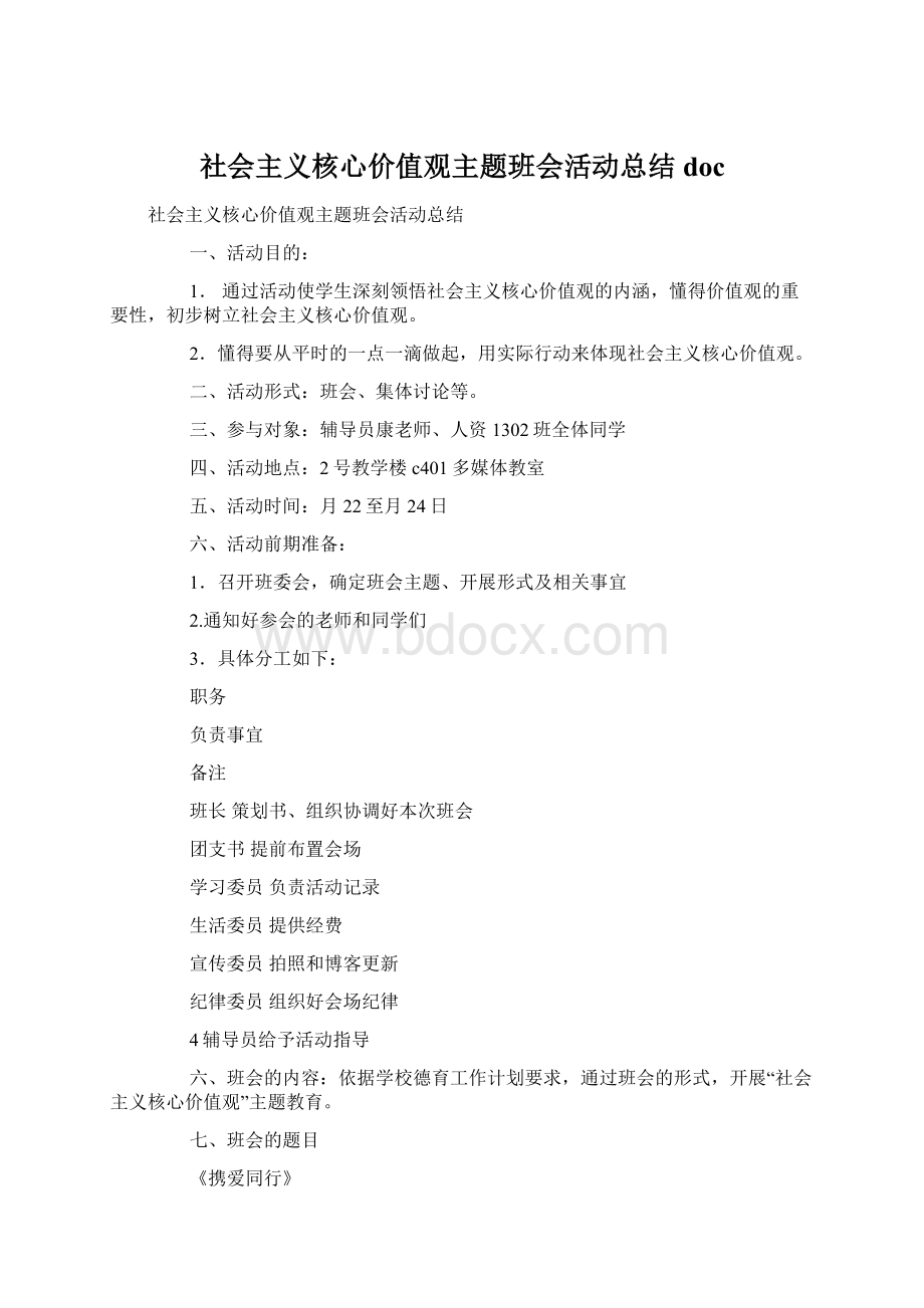 社会主义核心价值观主题班会活动总结doc.docx_第1页