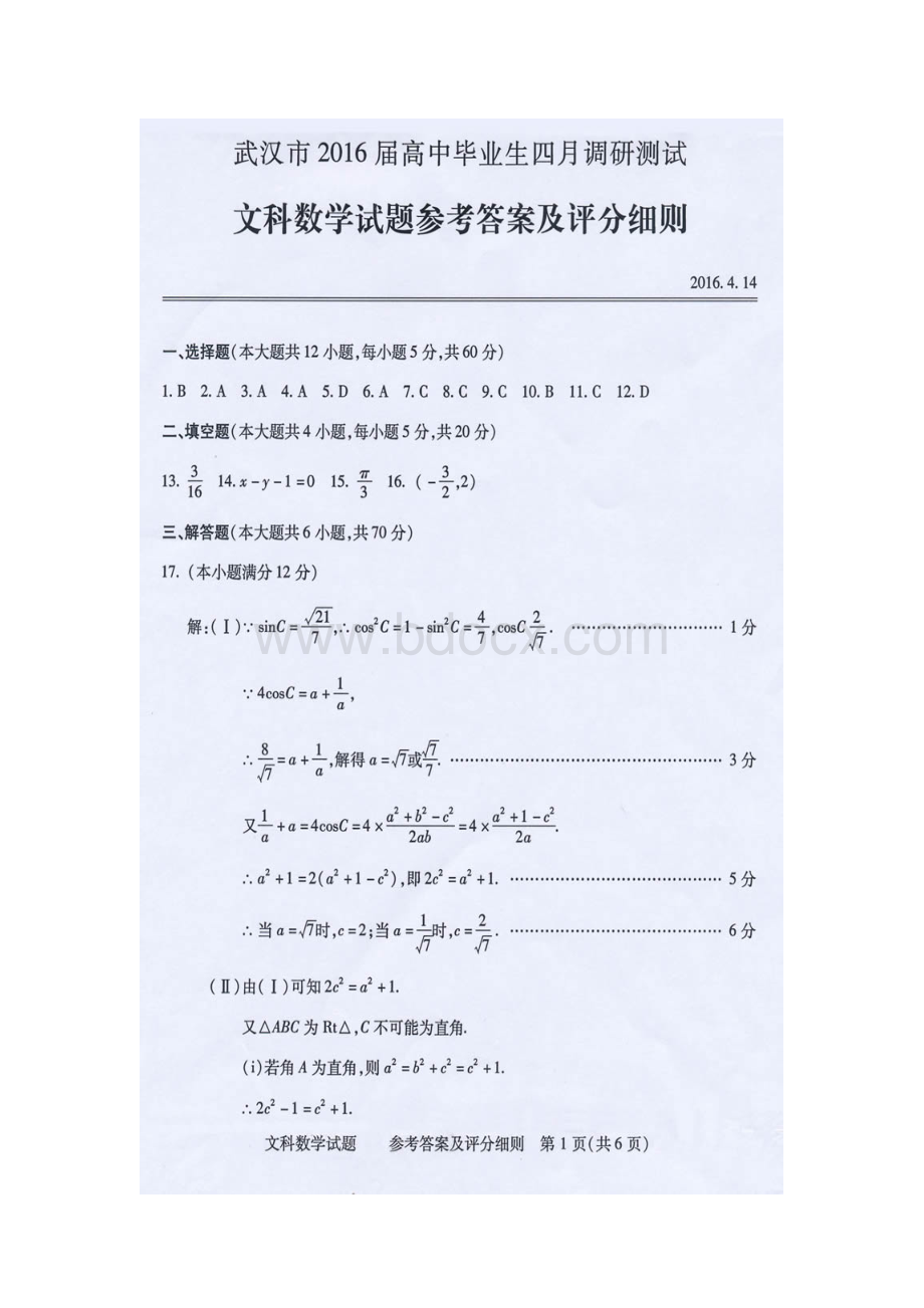 武汉市调考文科数学试卷答案.doc