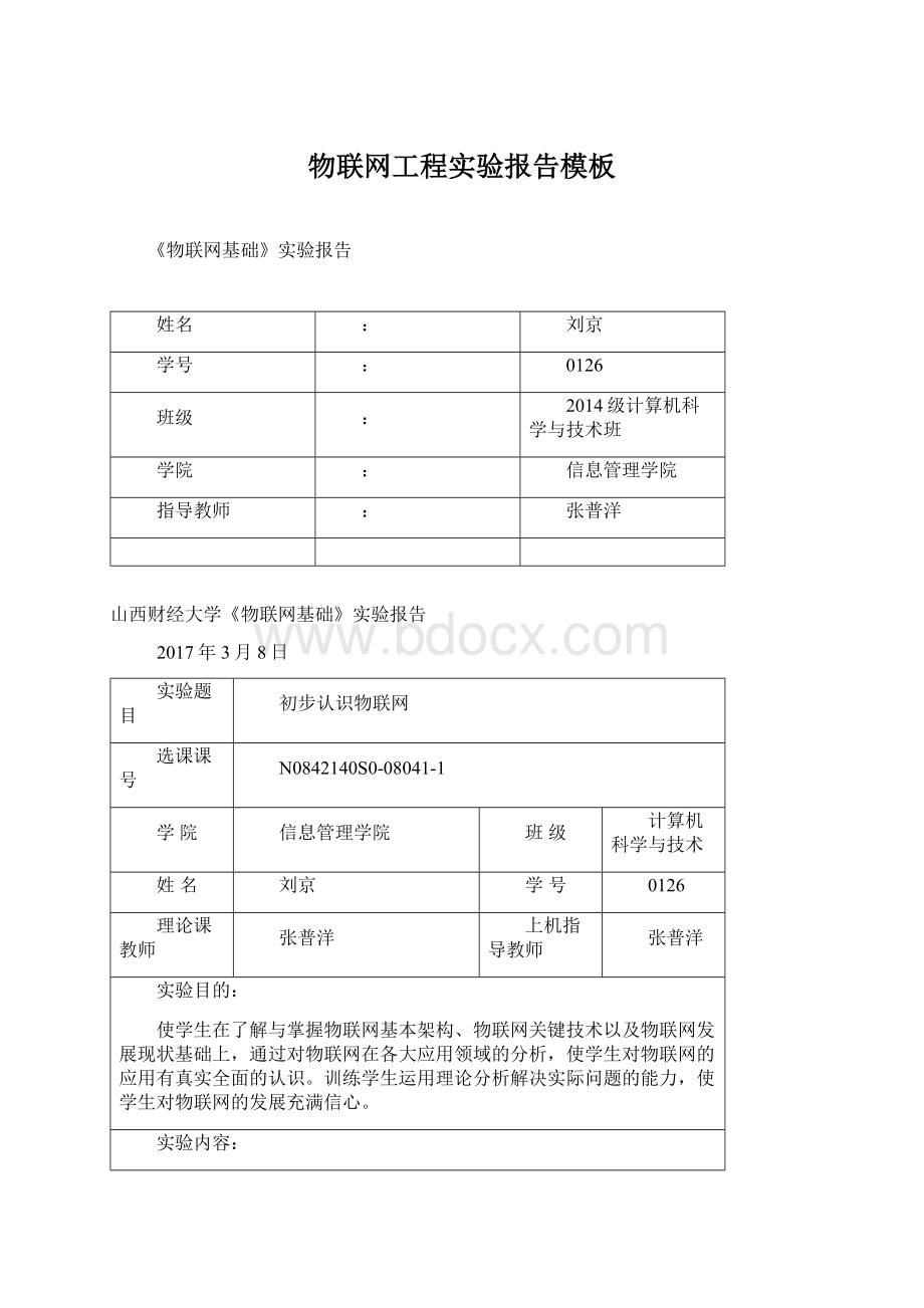 物联网工程实验报告模板Word文档下载推荐.docx_第1页