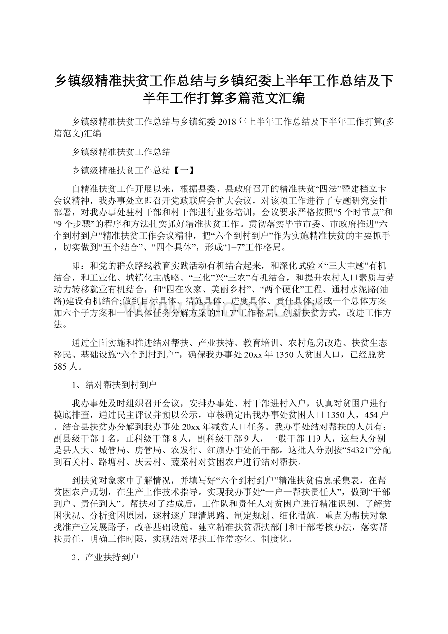 乡镇级精准扶贫工作总结与乡镇纪委上半年工作总结及下半年工作打算多篇范文汇编.docx_第1页