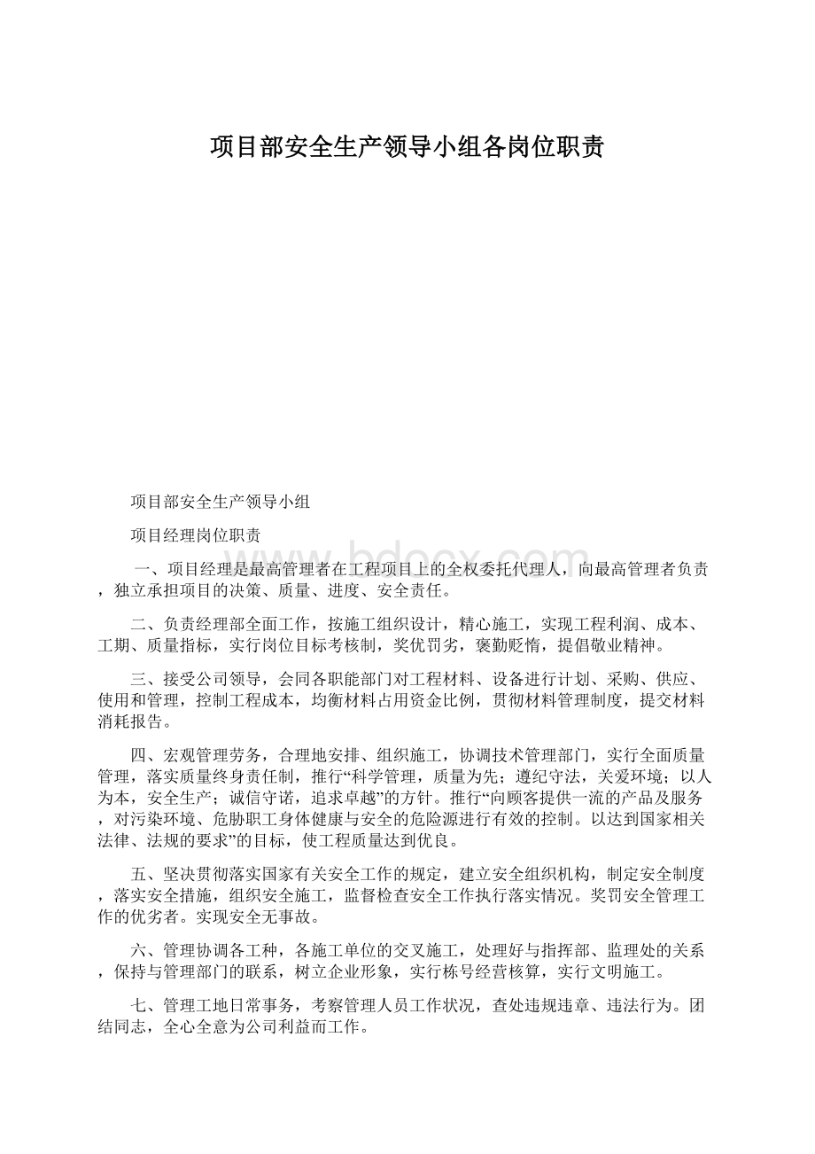 项目部安全生产领导小组各岗位职责Word下载.docx