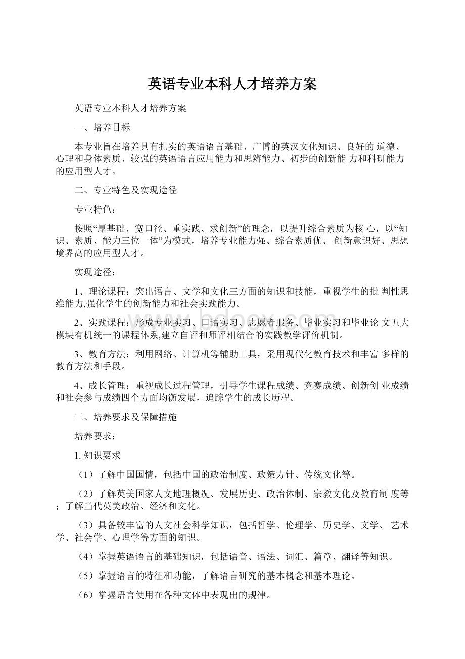 英语专业本科人才培养方案Word格式文档下载.docx