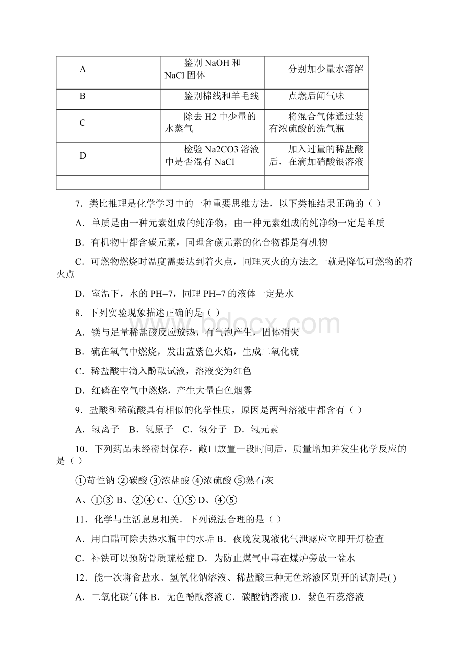 鲁教版初中化学九年级下册第七单元《常见的酸和碱》单元测试题解析版.docx_第2页