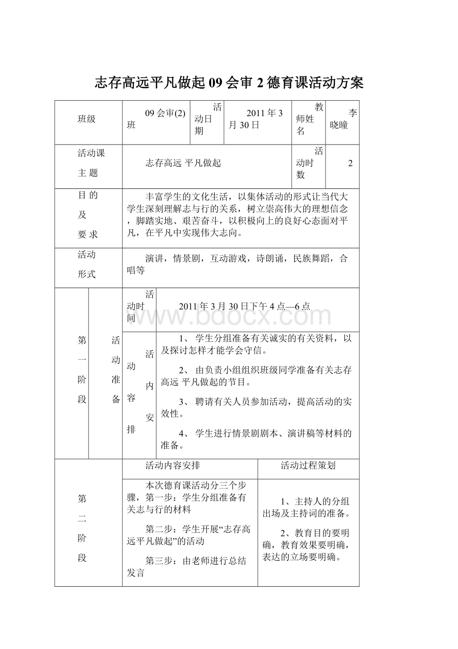 志存高远平凡做起09会审2德育课活动方案Word文档下载推荐.docx