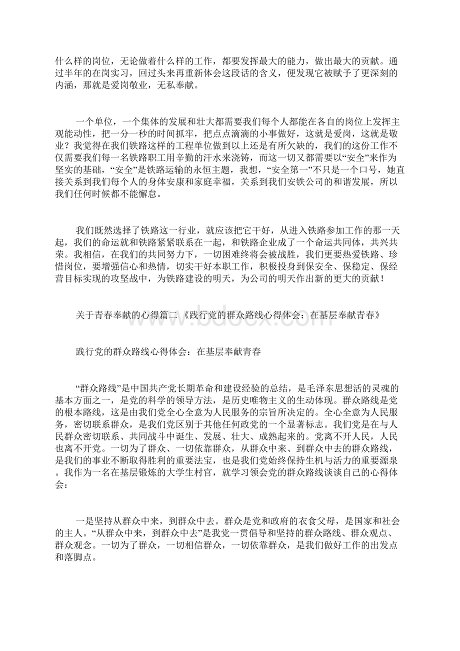 关于青春奉献的心得Word格式文档下载.docx_第2页