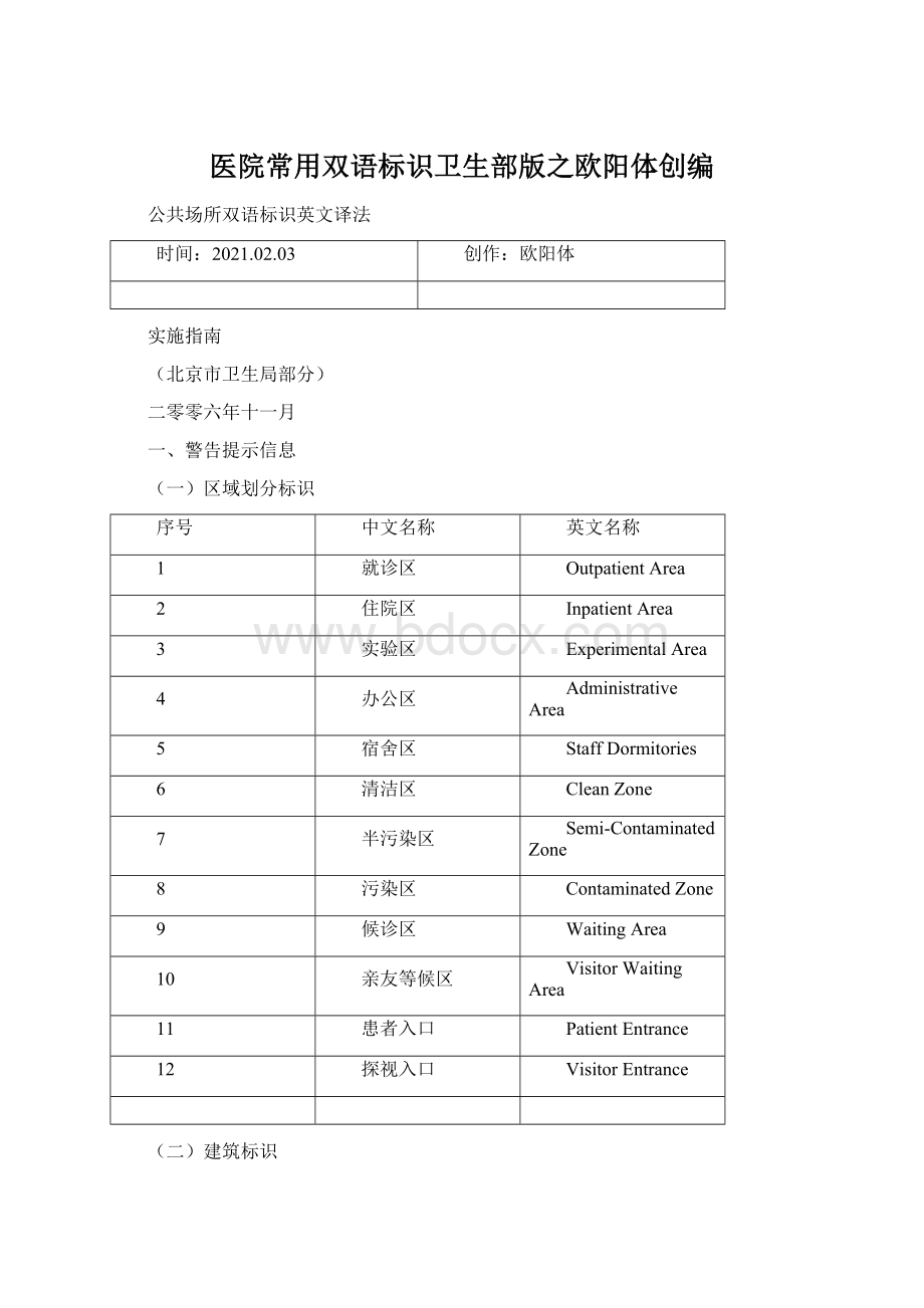 医院常用双语标识卫生部版之欧阳体创编.docx_第1页