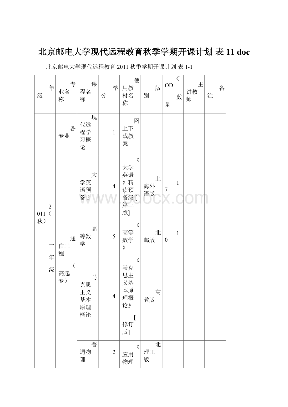 北京邮电大学现代远程教育秋季学期开课计划 表11 docWord格式.docx
