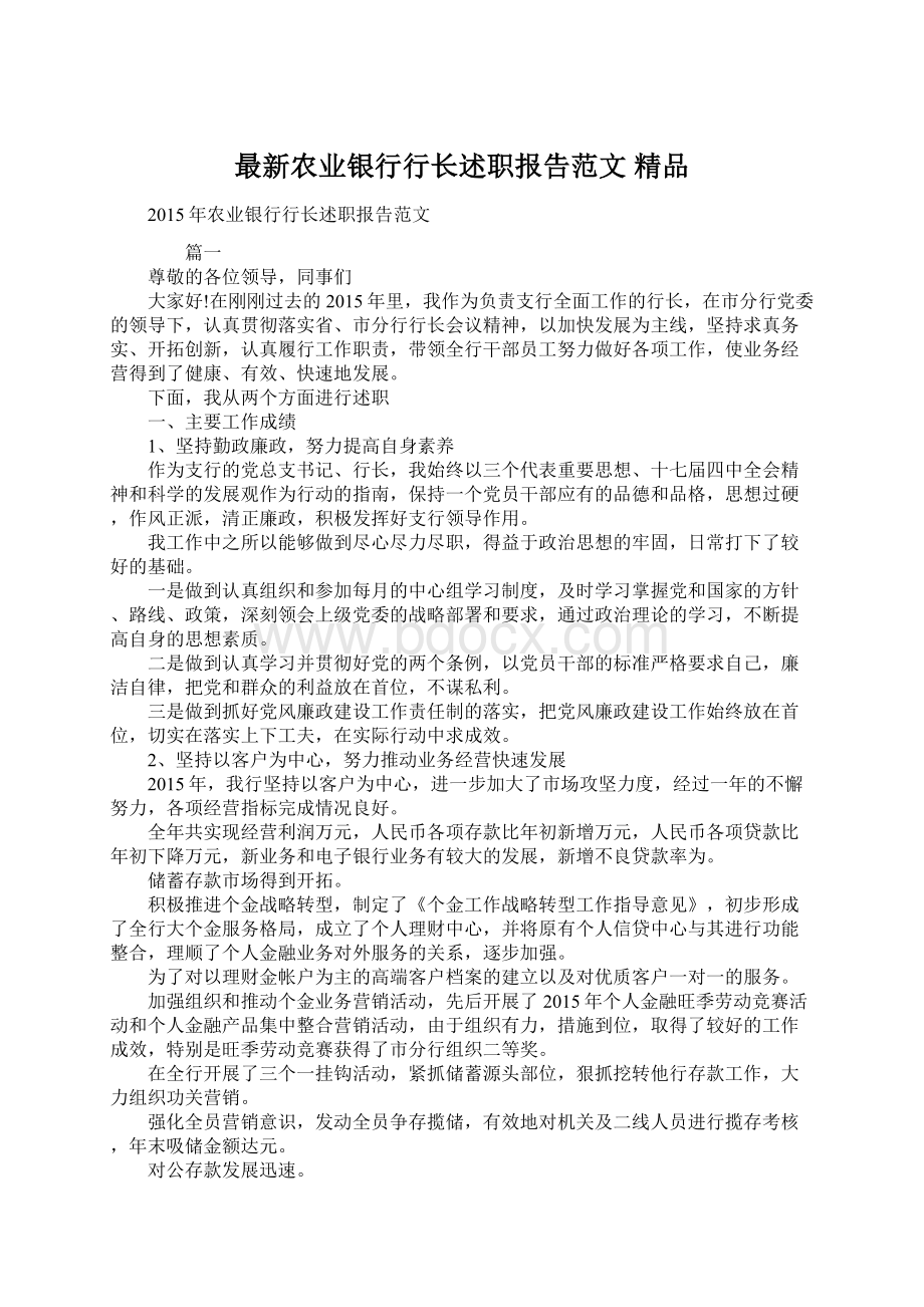 最新农业银行行长述职报告范文 精品文档格式.docx