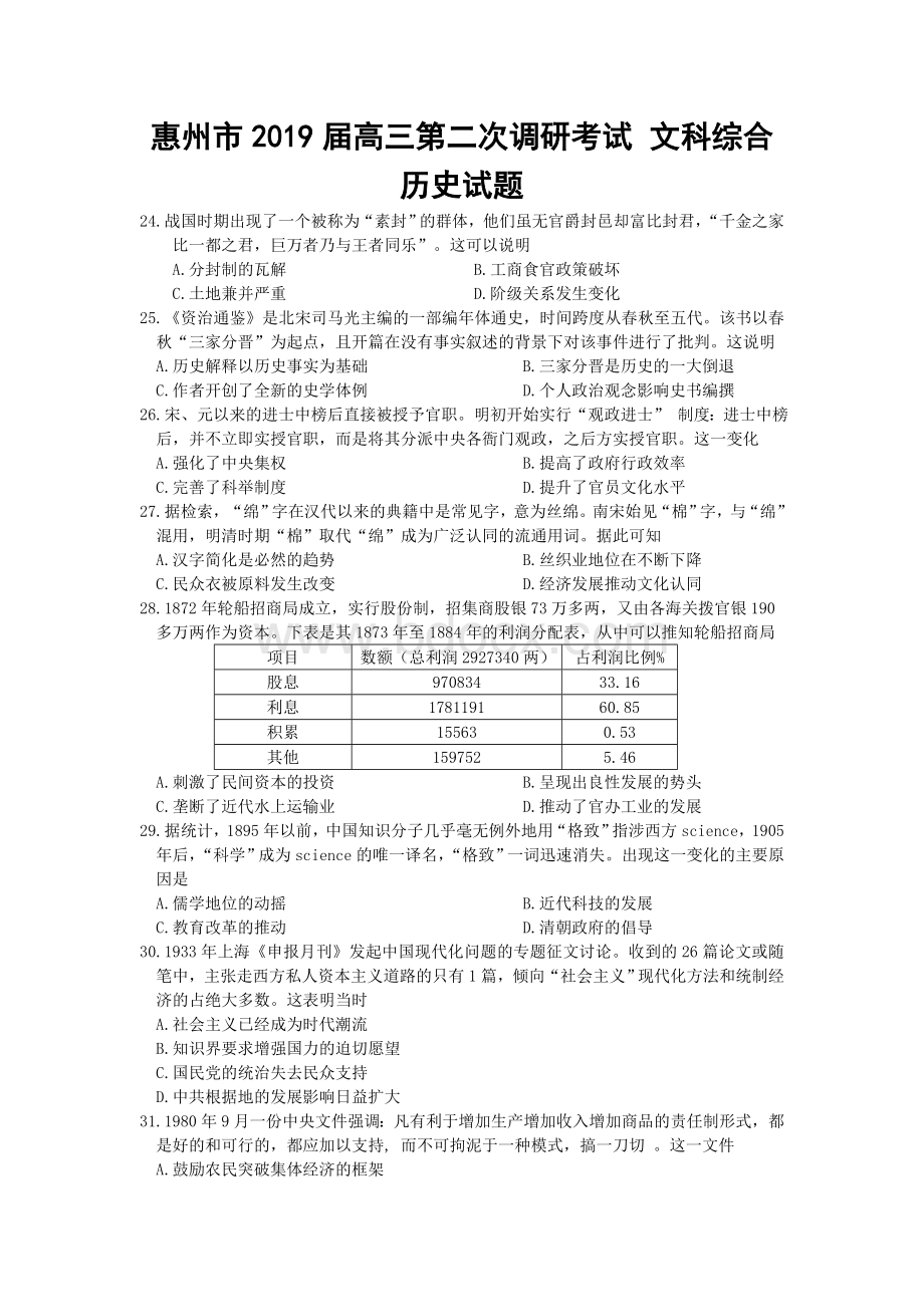 惠州市2019届高三第二次调研考试历史试题及答案.doc_第1页