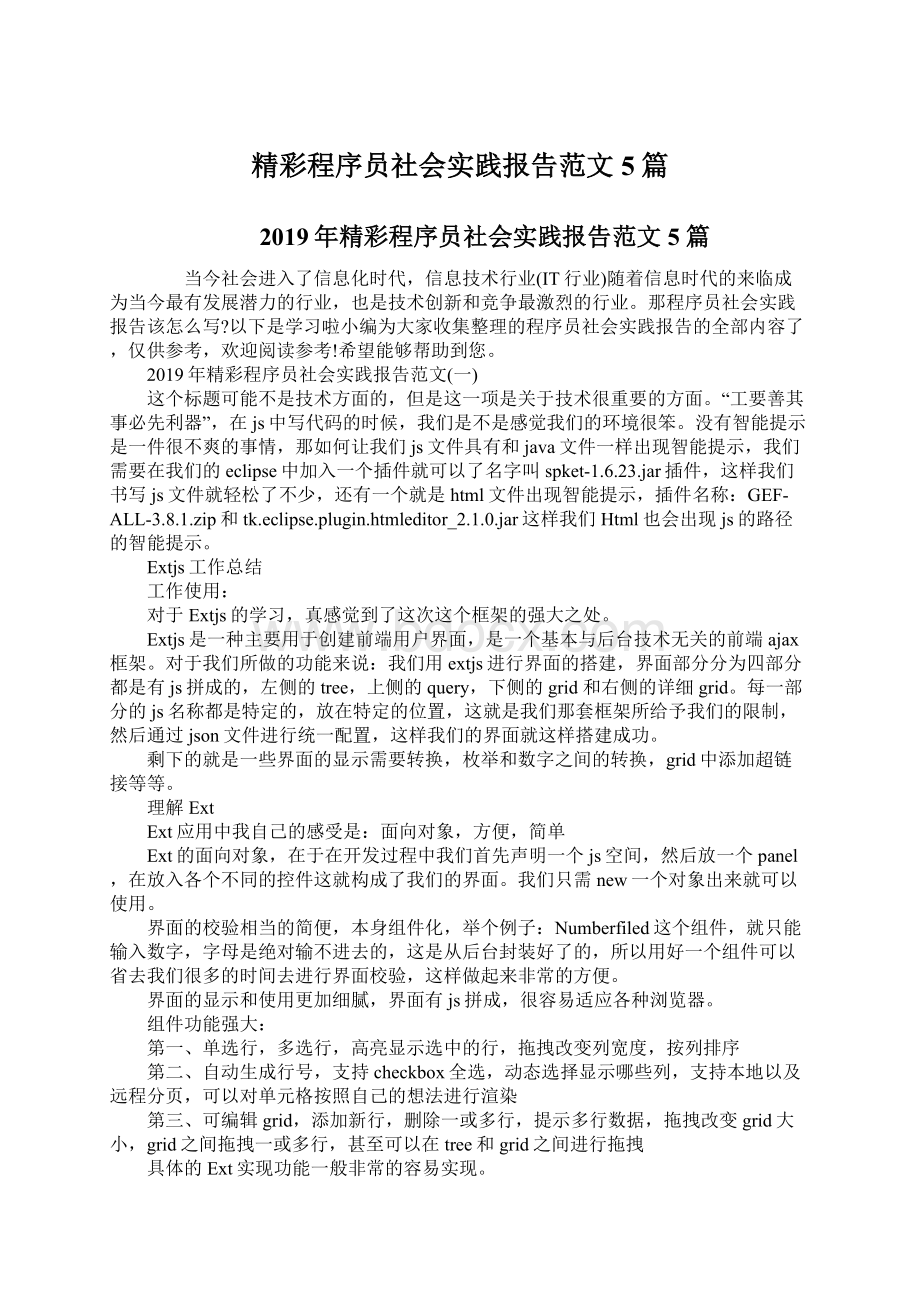 精彩程序员社会实践报告范文5篇Word文档下载推荐.docx_第1页