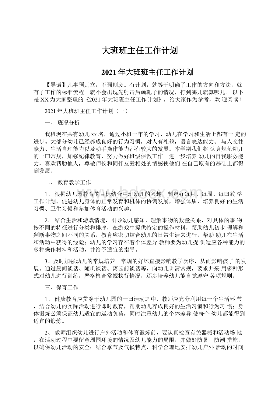 大班班主任工作计划.docx